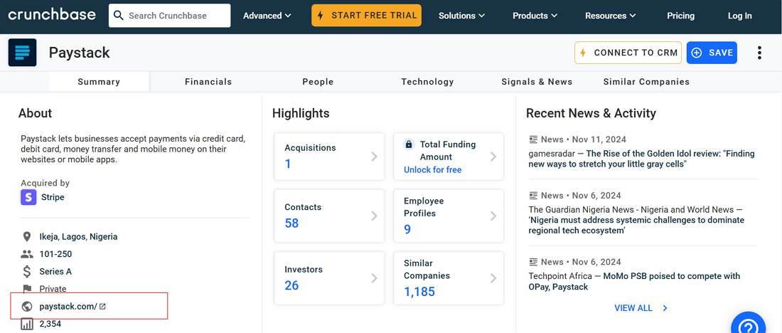 Crunchbase page showing a business listing with backlinks for Paystack