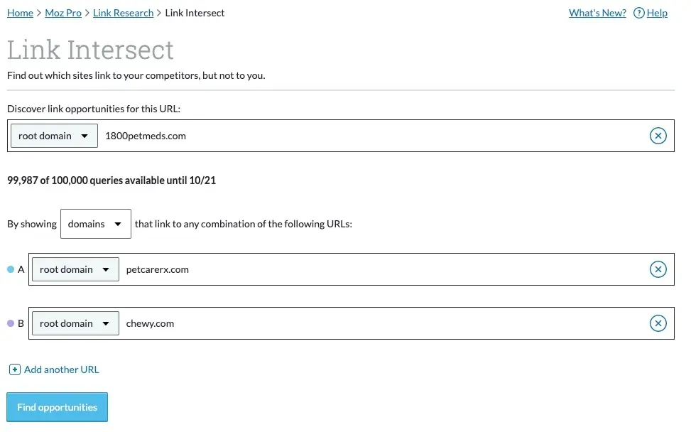 Moz Pro's link intersect for competitor analysis.