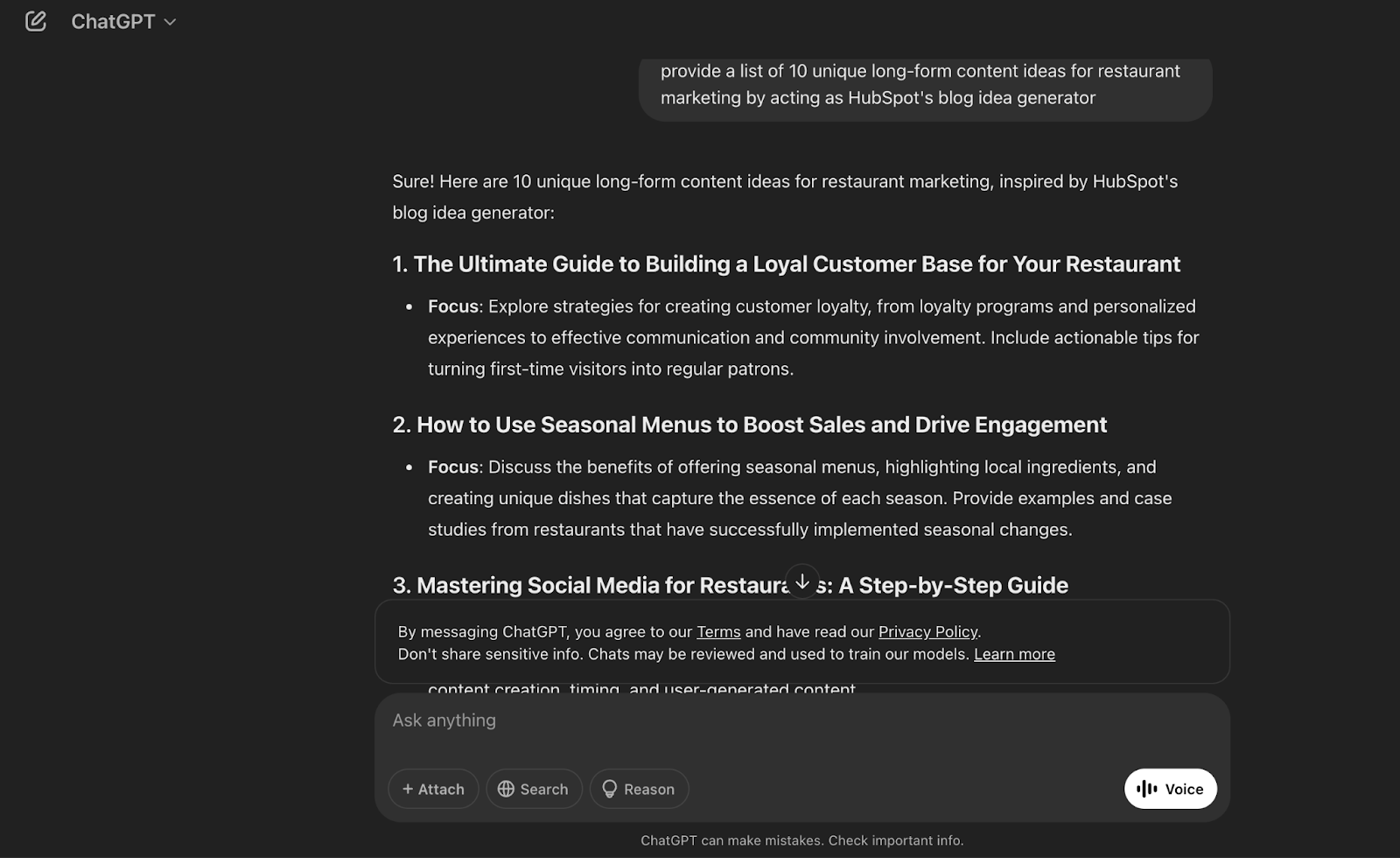 ChatGPT prompt to provide a list of 10 unique long-form content ideas for restaurant marketing by acting as HubSpot's blog idea generator.