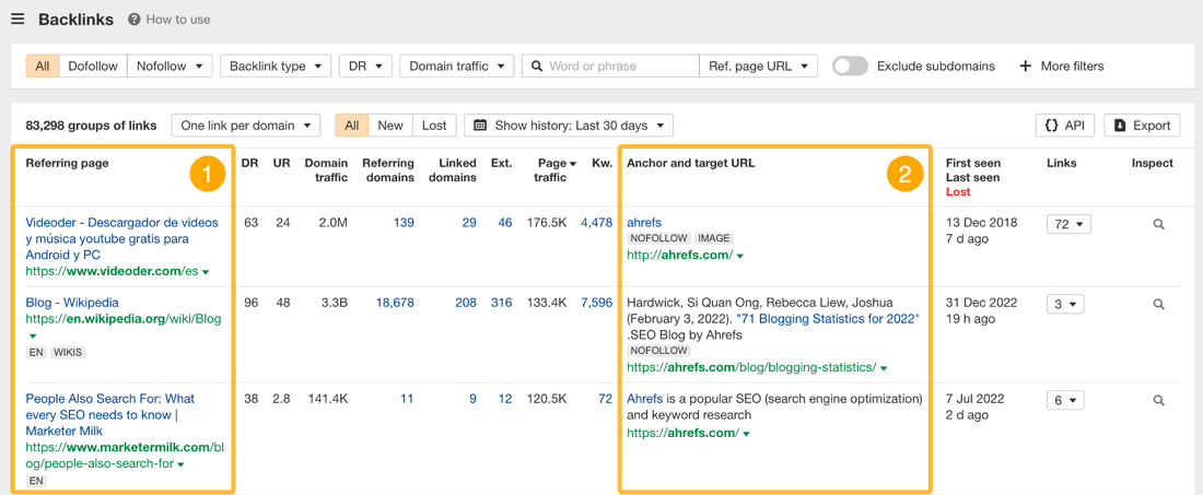 Ahrefs user interface for its backlinks monitoring tool