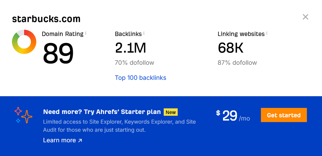 Ahrefs Domain Rating checker results example
