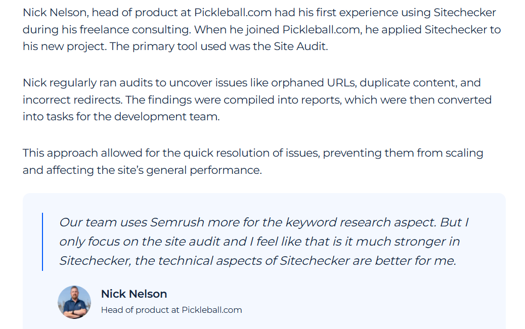Nick Nelson's testimonial for Sitechecker