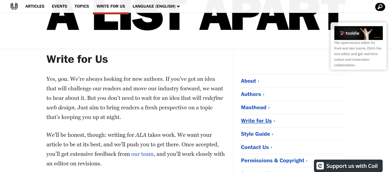Image showing the write for us section on a reputable website.