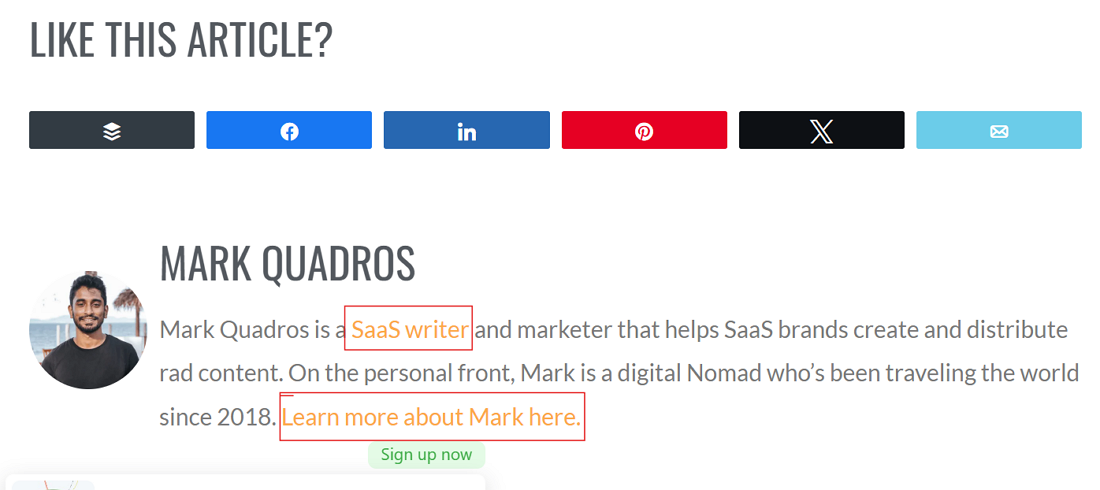 an author’s guest post bio with links highlighted