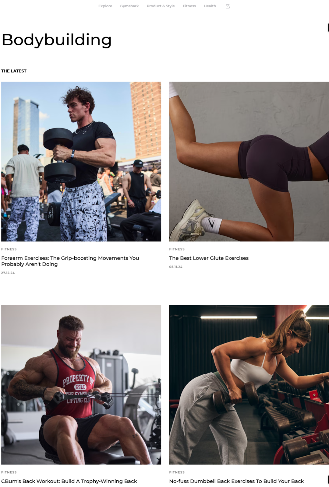 Gymshark's relevant content on the building body subtopic