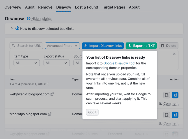 SEMrush's disavow link spam feature