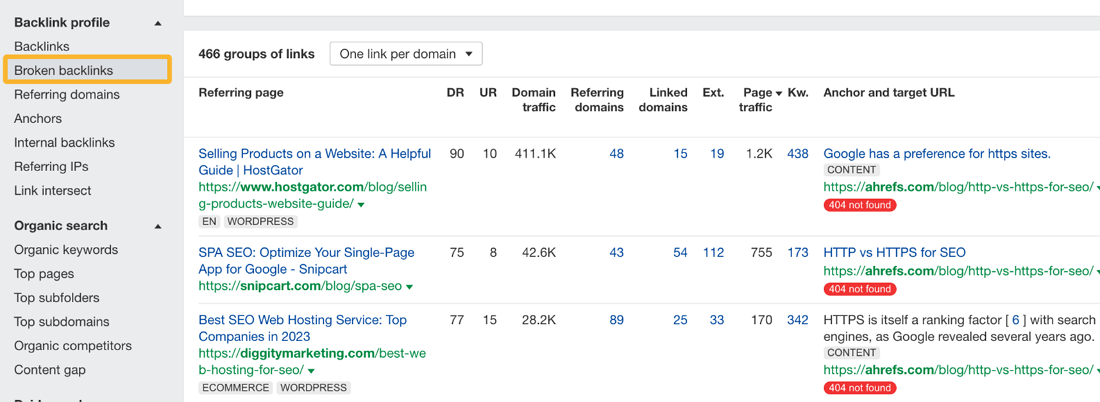 Ahref’s user interface showing how to find broken backlinks