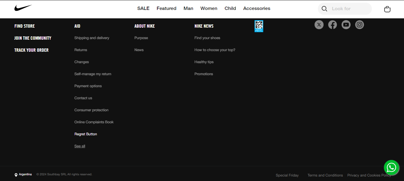 Example of social media profiles on Nike's website.