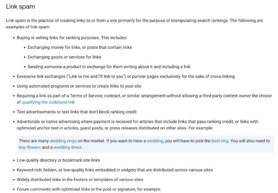 Google webmaster guidelines for link spam