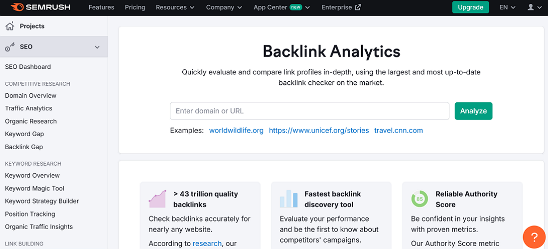 Semrush interface showing its backlink analytics function