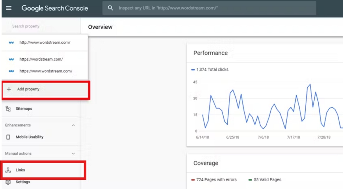 User interface for Google Search Console