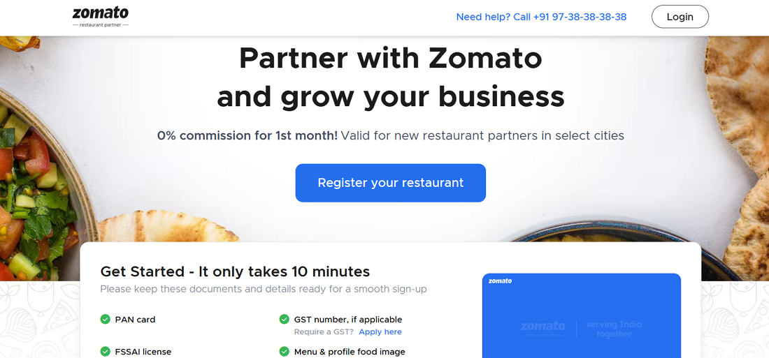 Sign up page for Zomato’s restaurant directory