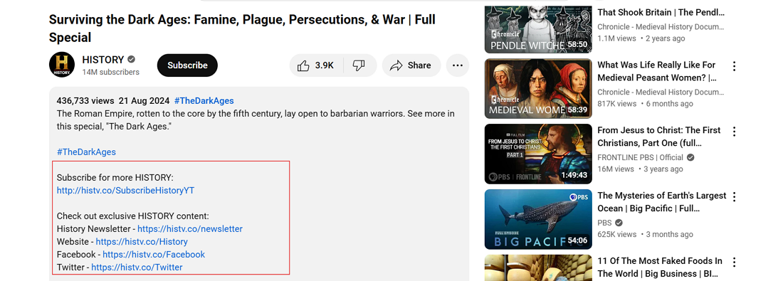 HISTORY channel YouTube video description with links highlighted