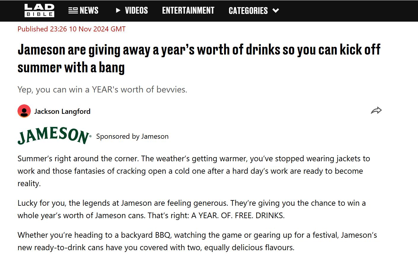 Jameson partnered with LADbible to run a sponsored campaign that helps increase brand visibility.