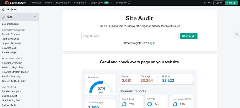 Semrush site audit tool