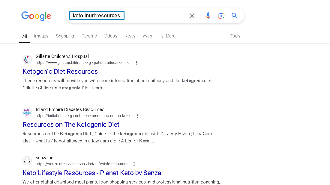 A search for resource pages.
