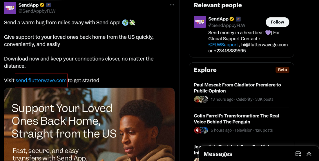 Send App Twitter post featuring a link to the company’s website