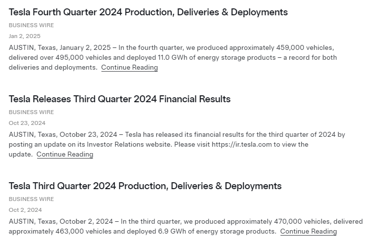 Tesla Press Releases.