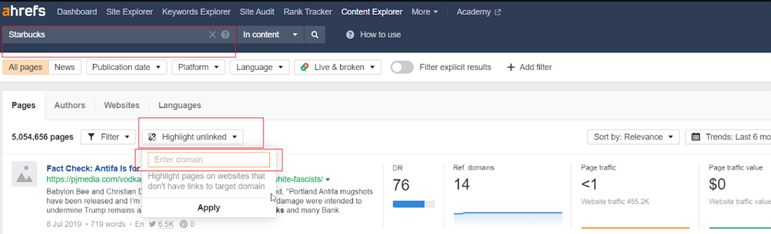 a page from Ahrefs content explorer showing how to search for unlinked brand mentions