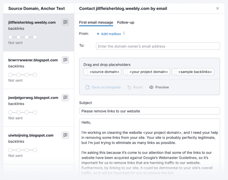 SEMrush's email draft for spam link removal