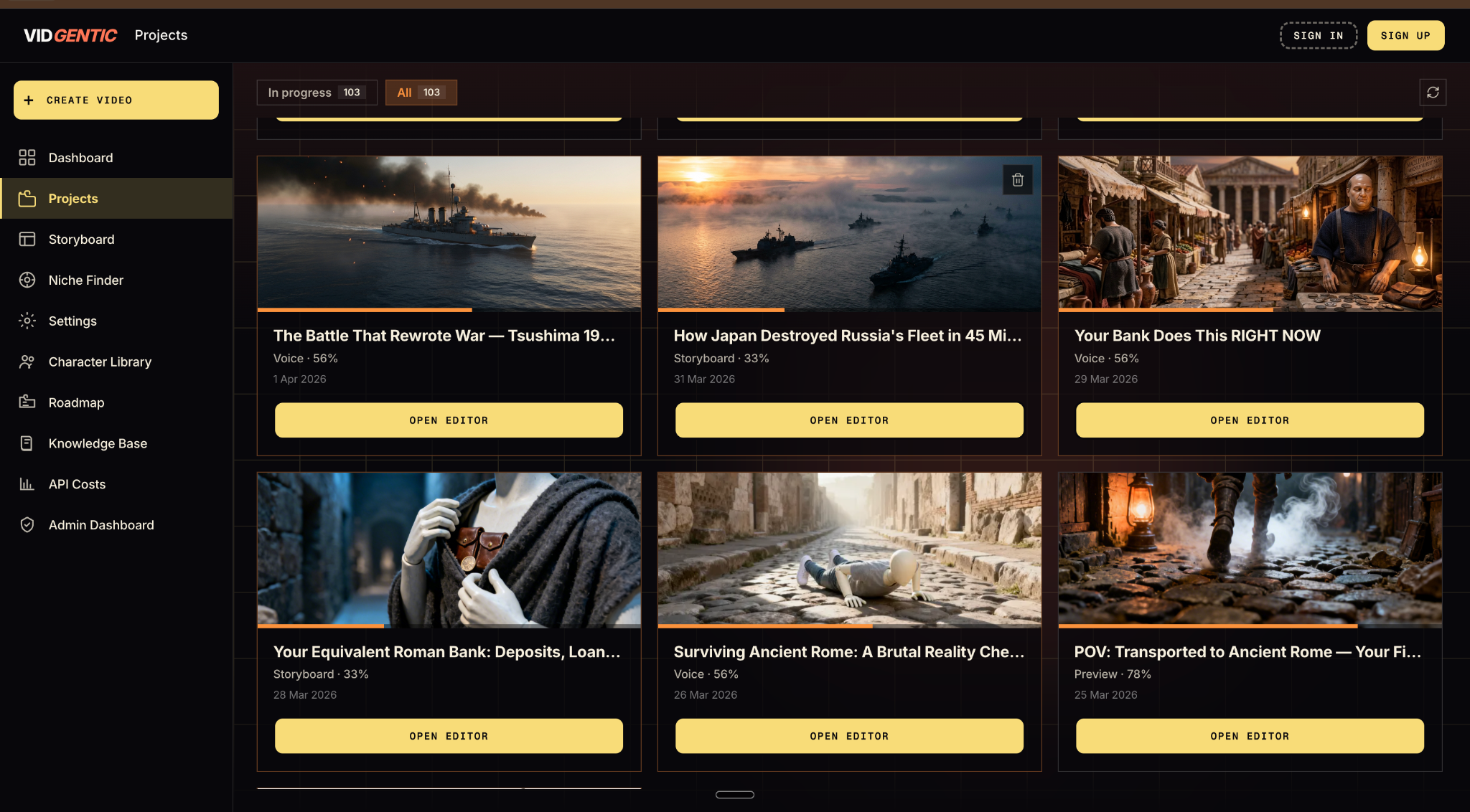 Vidgentic projects dashboard from the faceless video grind