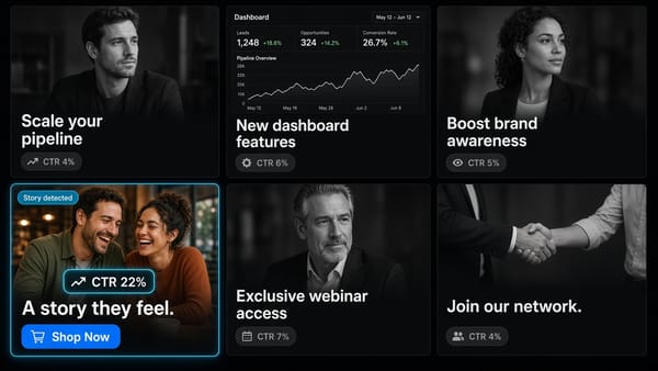 Six Meta-style ads; one story ad stands out with Story detected and CTR 22%